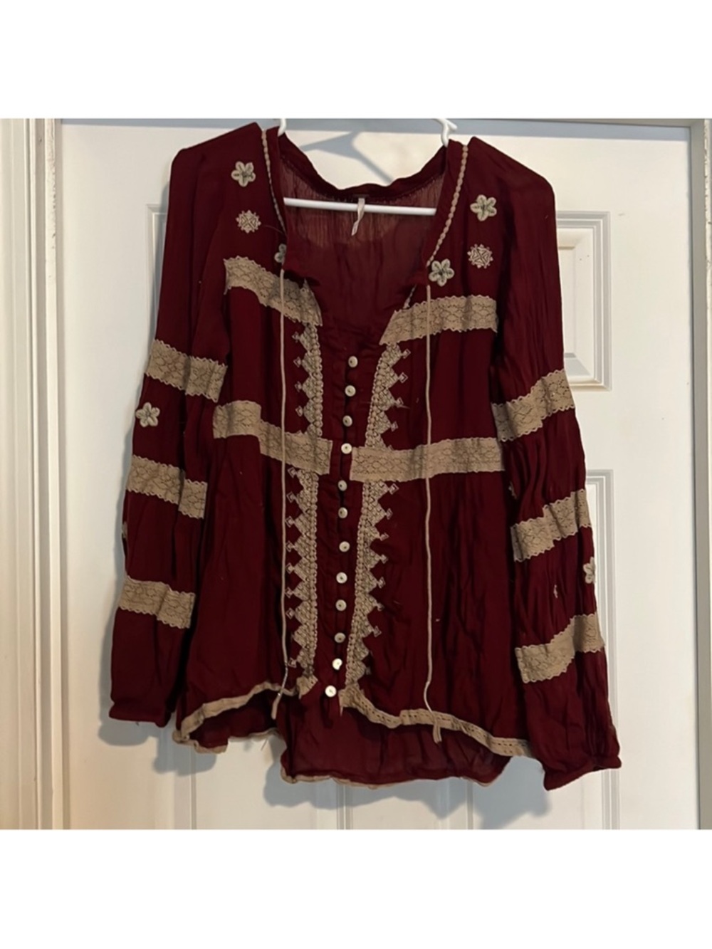 Free People Burgundy Peasant Blouse with Cream Lace